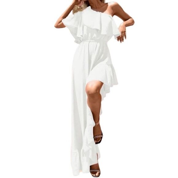 Summer Boho One Shoulder Sleeveless Ruffle Asymmetrical High Low Long Dress XL - Picture 7 of 8